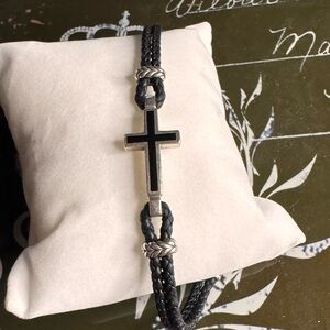David Yurman Black and Silver Cross Leather Bracelet